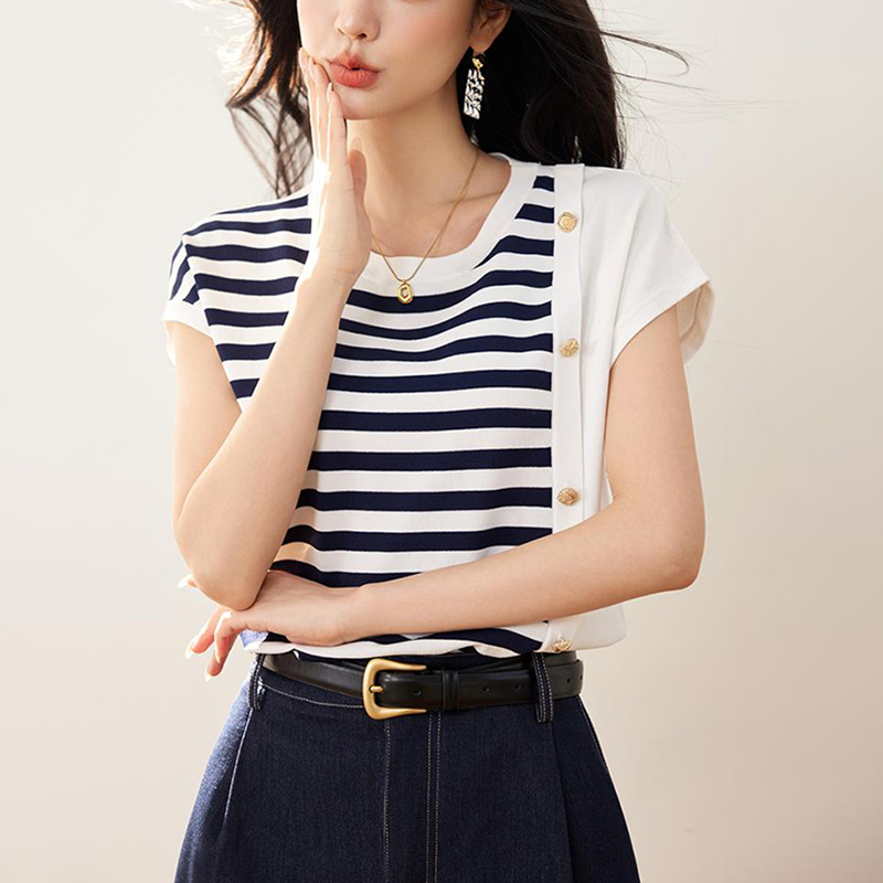 休閒撞色條紋針織短袖T恤