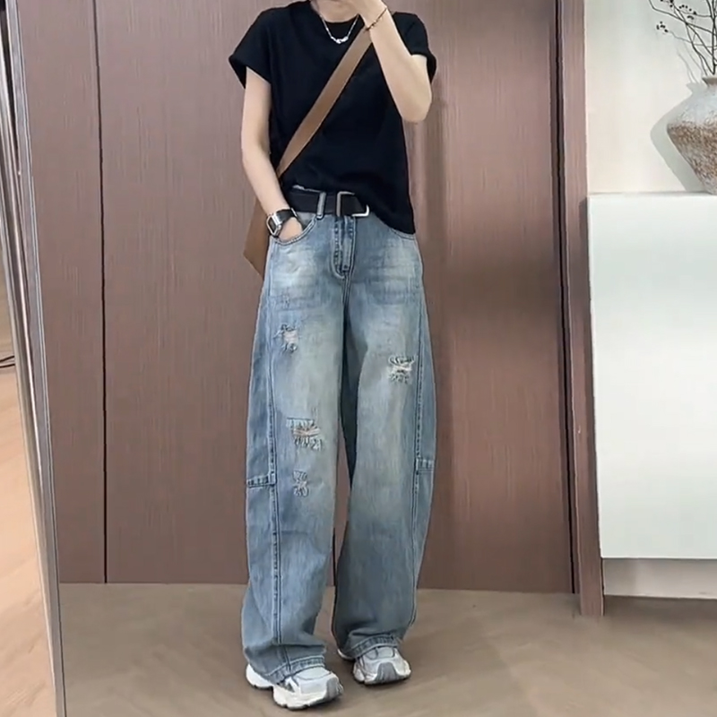 高腰薄款破洞直筒牛仔褲