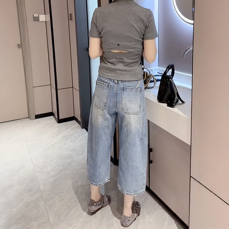 夏季新款高腰直筒闊腳八分牛仔褲