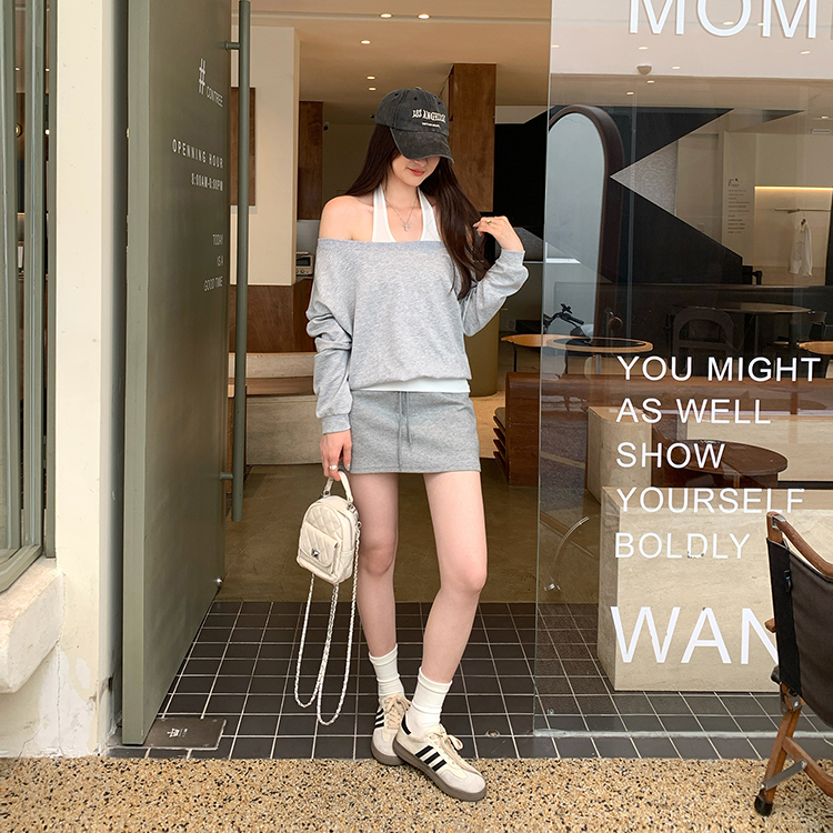 韓系掛脖一字領露肩假兩件長袖衛衣(2色)