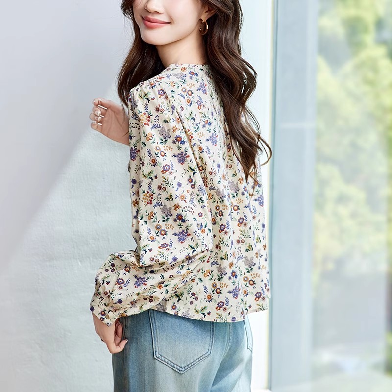 田園風寬鬆休閒圓領碎花襯衫