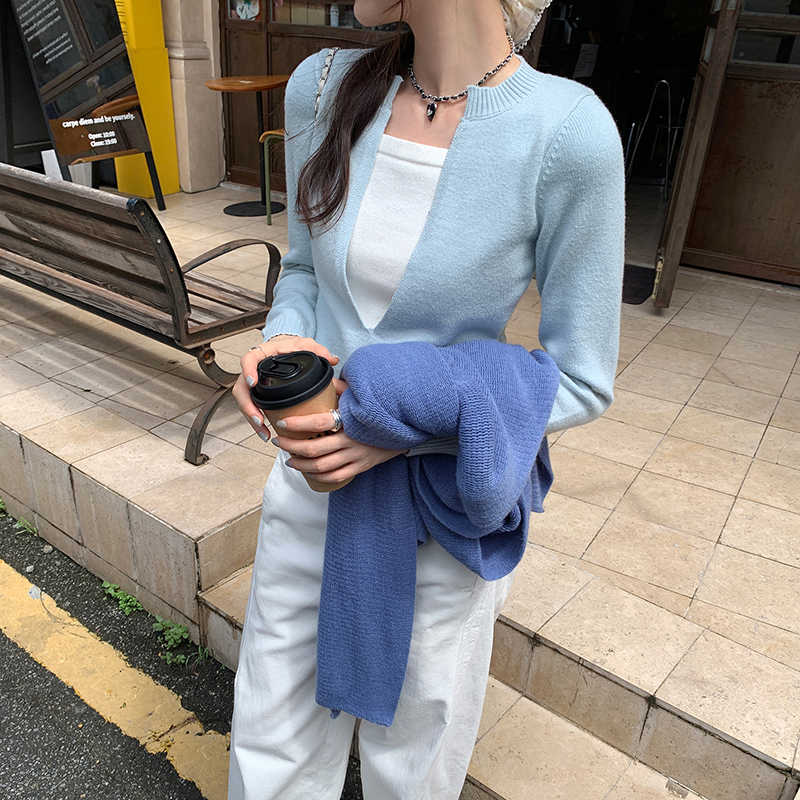 韓系撞色假兩件長袖針織衫(2色)