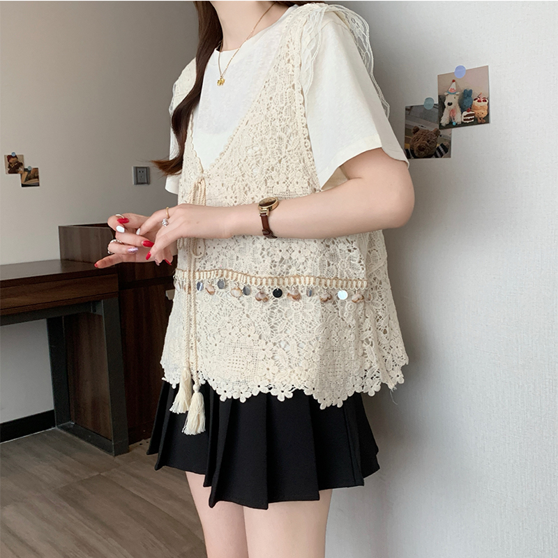 時尚鏤空針織短袖T恤兩件套裝