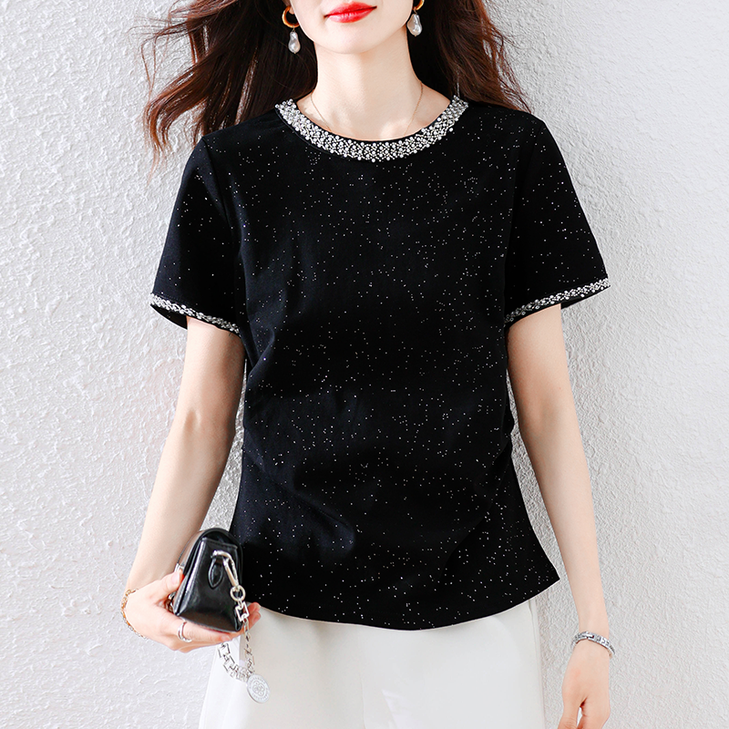 高級感圓領滿天星鑲鑽短袖T恤