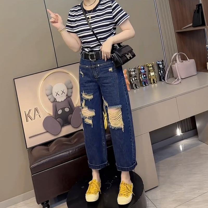 高腰九分破洞直筒牛仔褲