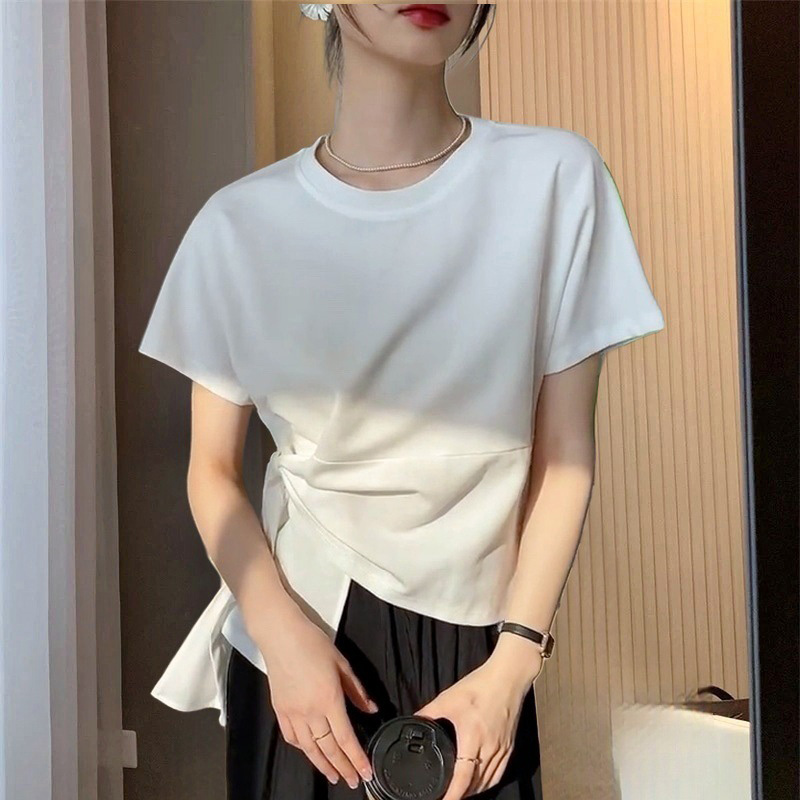 韓系交叉綁帶收腰設計不規則T恤(2色)
