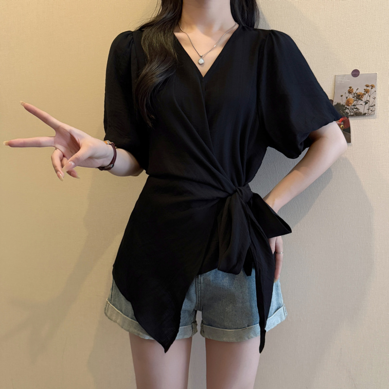 韓係不規則綁帶V領短袖小衫(2色)