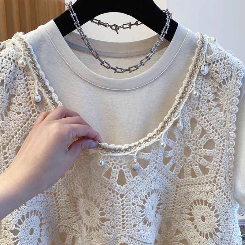 新款針織鏤空馬甲圓領短袖