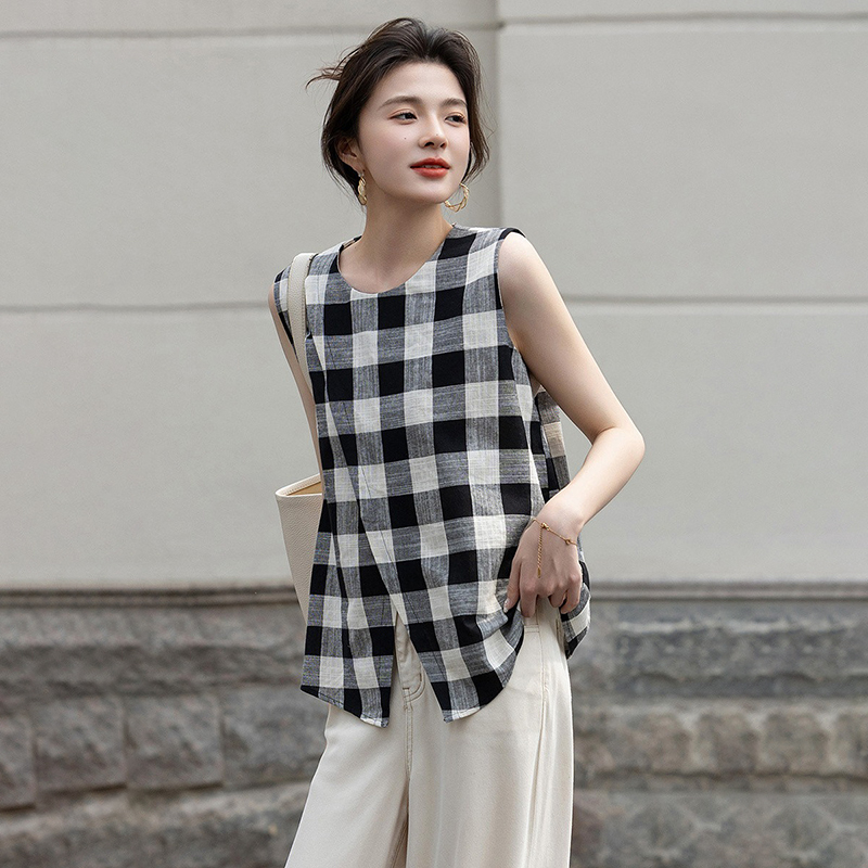 復古格紋交叉圓領無袖襯衫