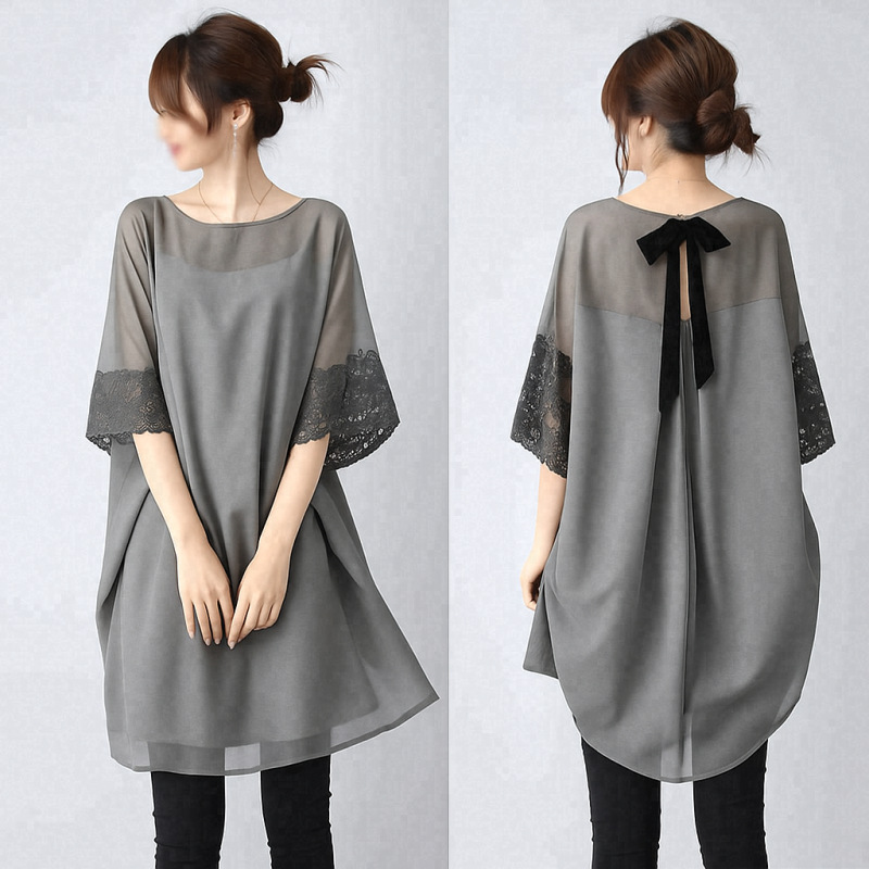 韓國圓領蕾絲拼接喇叭袖後背蝴蝶結上衣(3色)