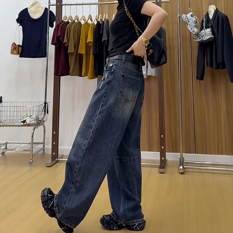 【S-4XL】秋冬闊腿顯瘦寬鬆直筒彎刀牛仔褲