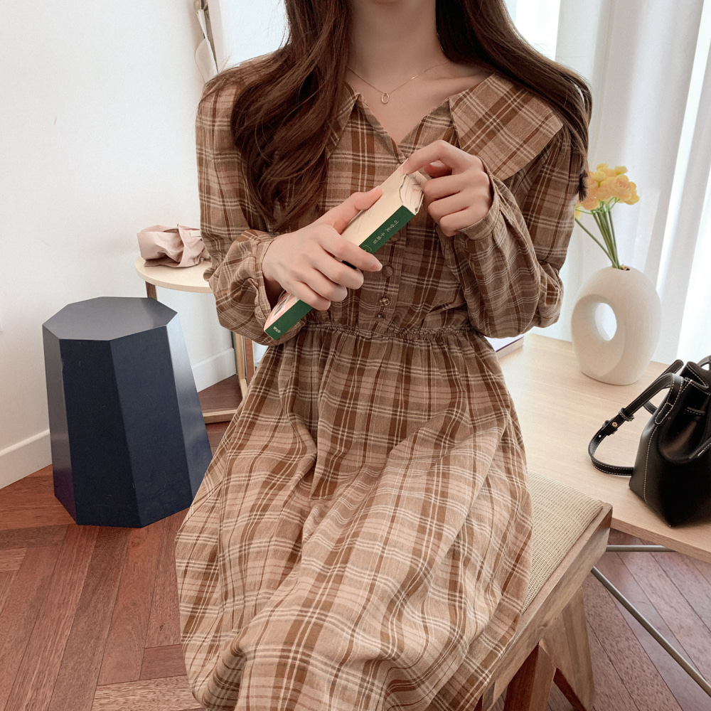 韓系格纹学院风连身裙(2色)