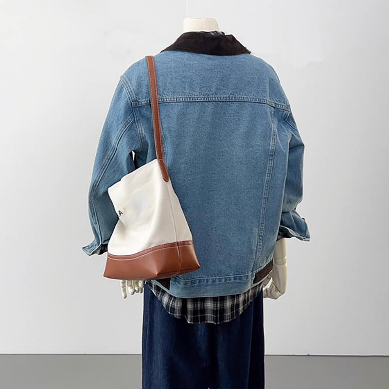 韓系撞色翻領多口袋牛仔外套