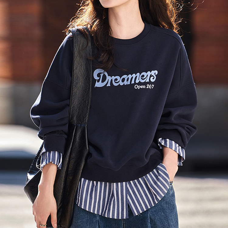 字母印花條紋拼接休閒假兩件衛衣