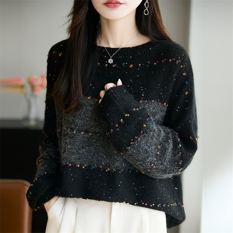 撞色條紋彩色提花裝飾針織衫(3色)