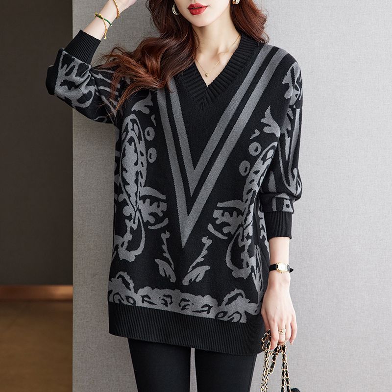 提花中長V領提花針織衫