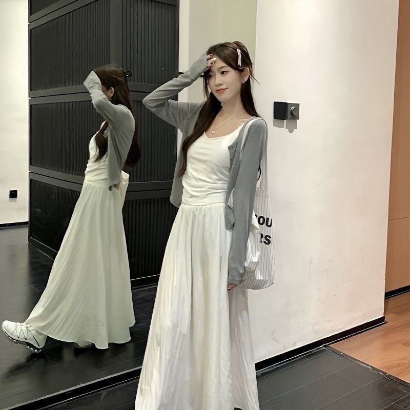 復古溫柔風針織開衫+內搭吊帶背心+半身裙三件套裝