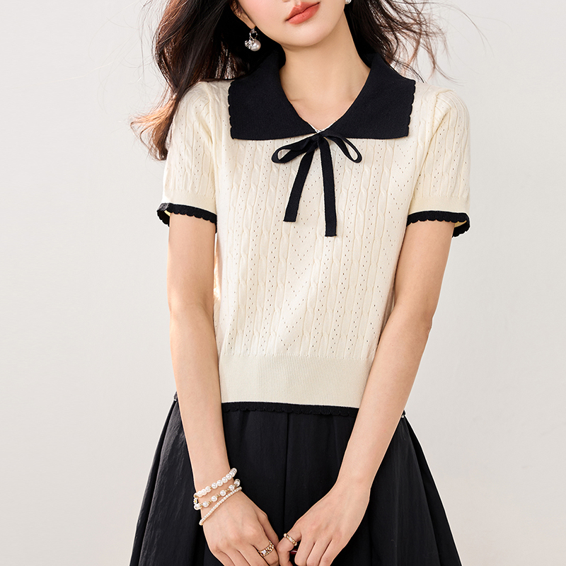 法式甜美POLO領短袖針織T恤(2色)