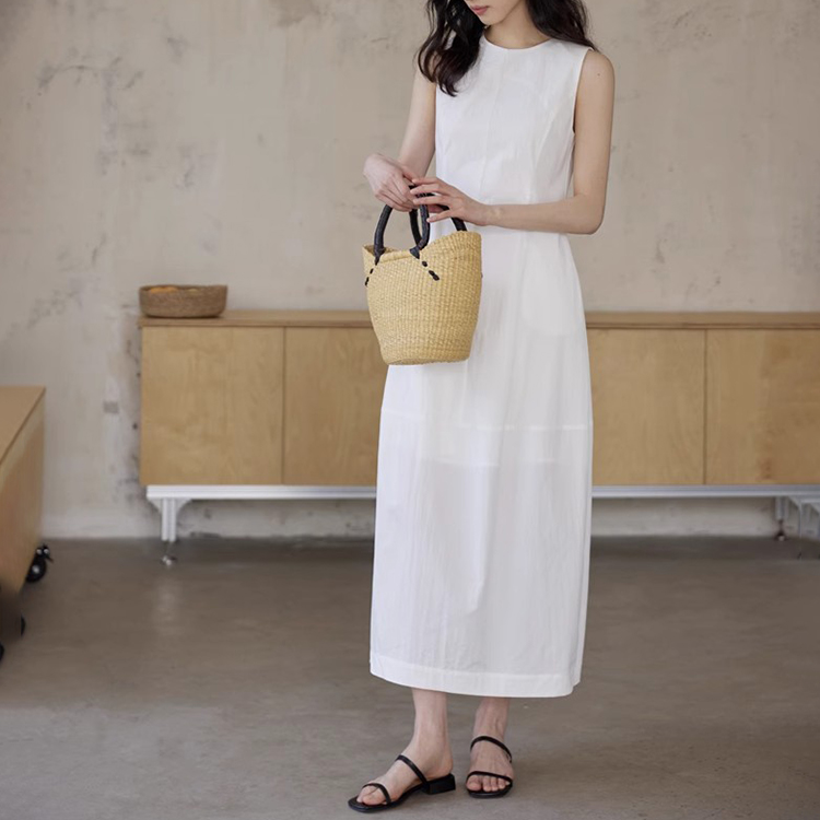 法式圓領拼接無袖連身裙(2色)