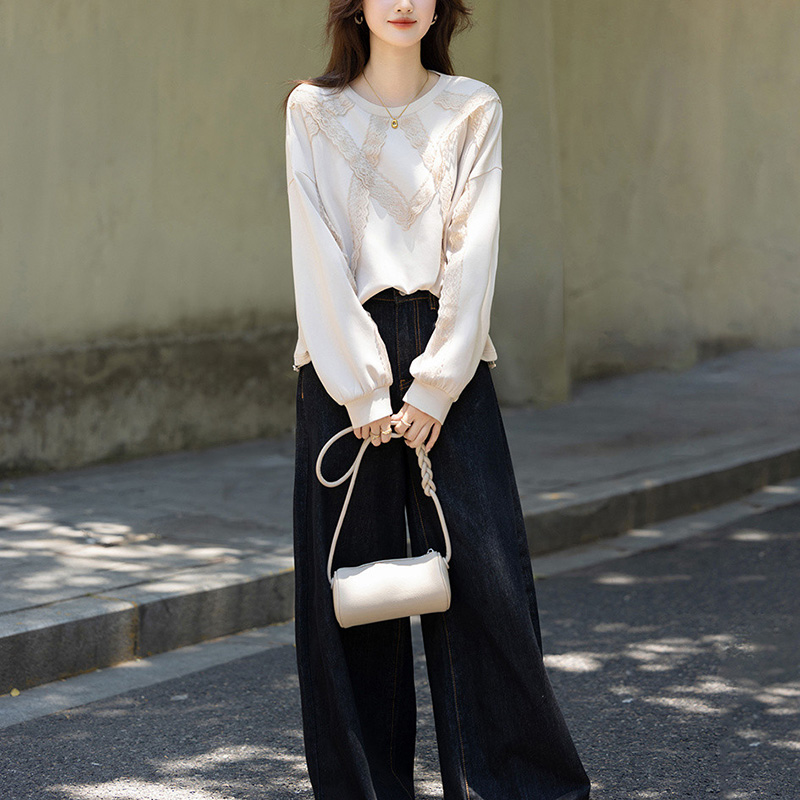 圓領蕾絲寬鬆彈性衛衣