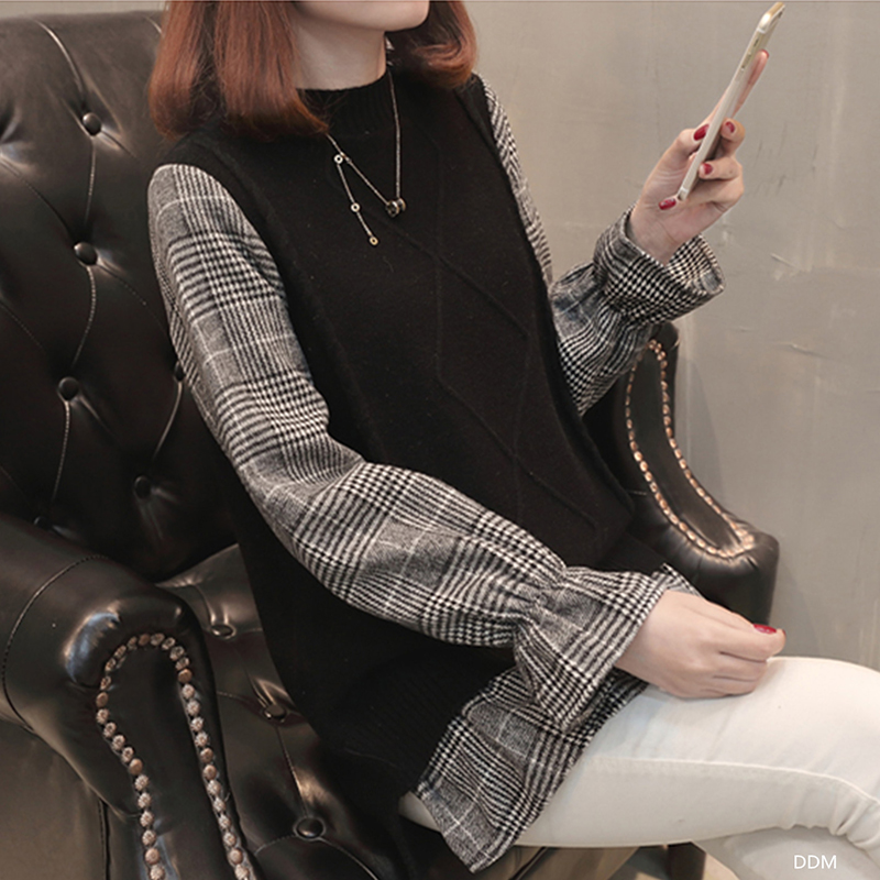 日系寬鬆假兩件襯衫袖針織衫(4色)