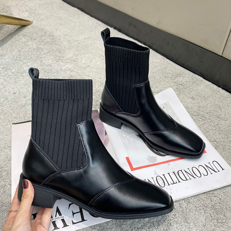英倫風粗跟方頭針織彈性襪馬丁靴(2色)