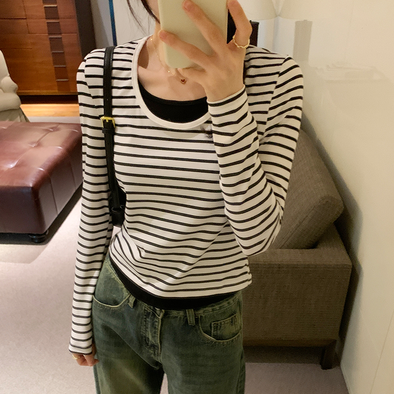 簡約時尚假兩件條紋撞色T恤(4色)