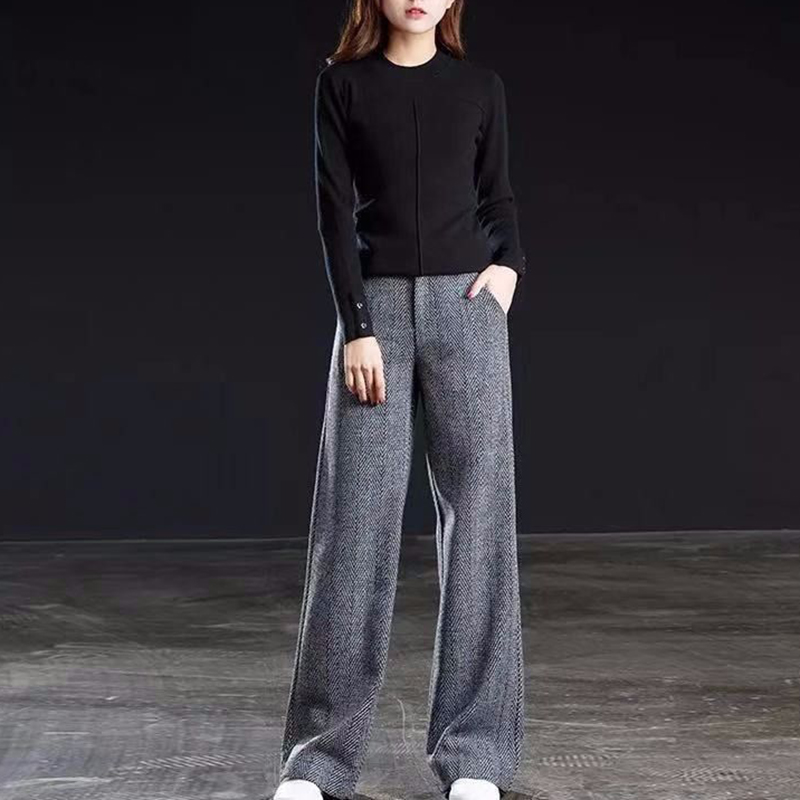 人字紋高腰顯瘦寬鬆休閒闊腿褲(4色)