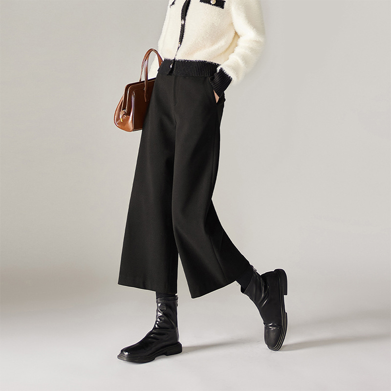 時尚仿毛呢斜紋軟糯拉毛保暖八分闊腿褲(3色)