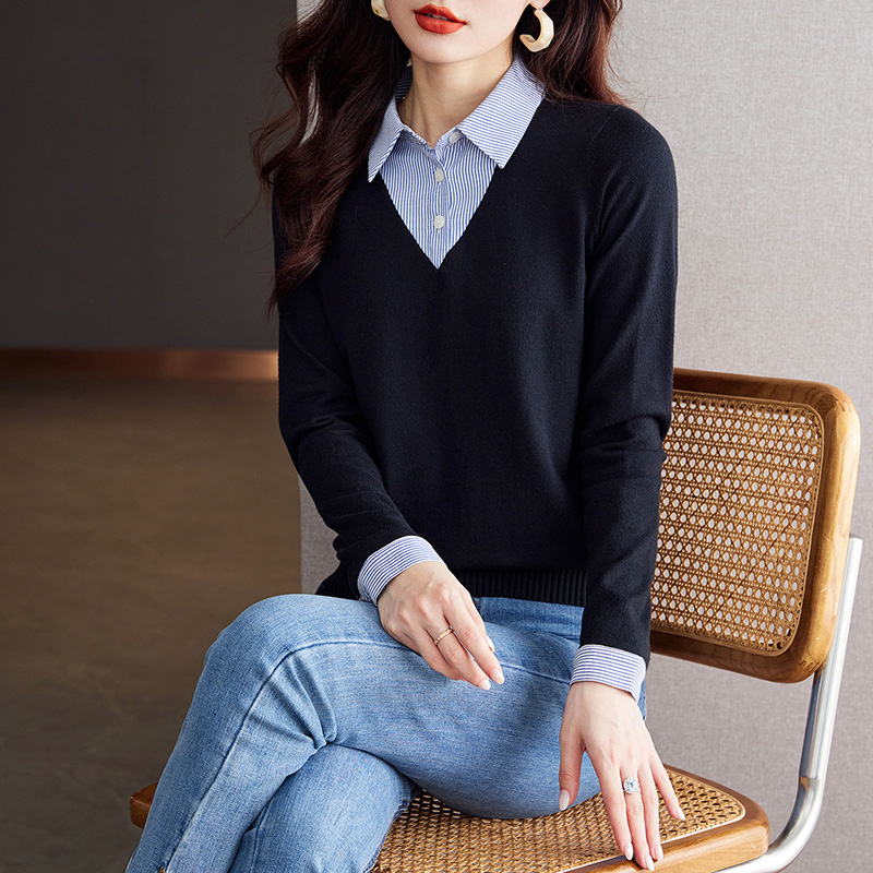 POLO領假兩件拼接格紋長袖針織衫