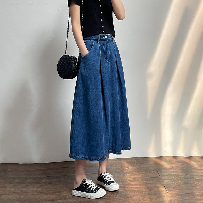 高腰A字大擺中長版牛仔裙