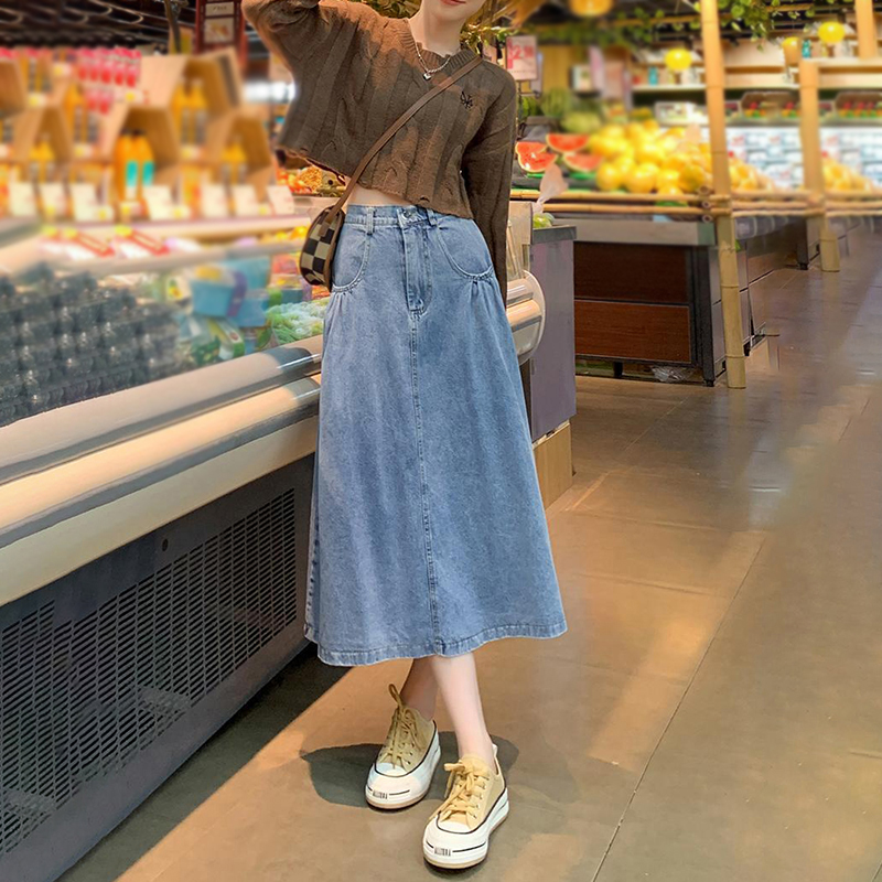 休閒鬆緊高腰A字洗水牛仔裙