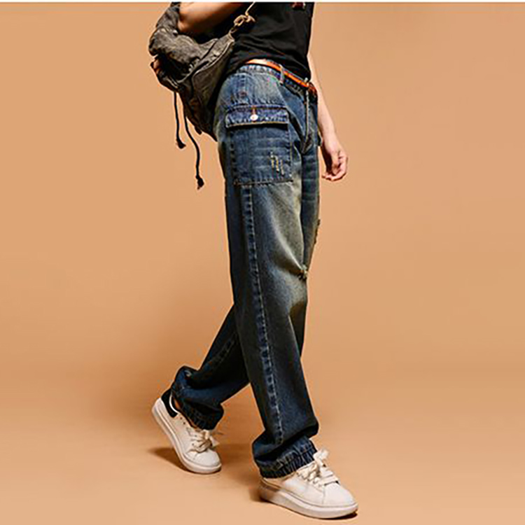 復古高腰大兜水洗磨破燈籠牛仔褲