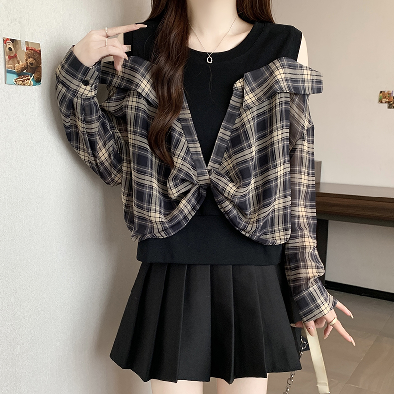 假兩件寬鬆顯瘦遮肉長袖格子襯衫