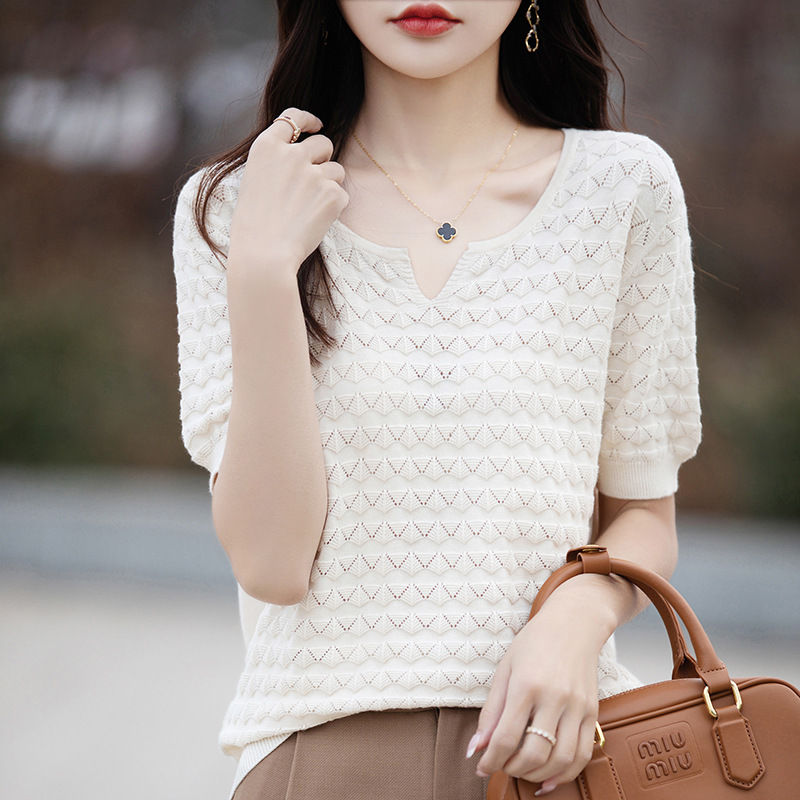 鏤空提花設計寬鬆針織短袖T恤(4色)