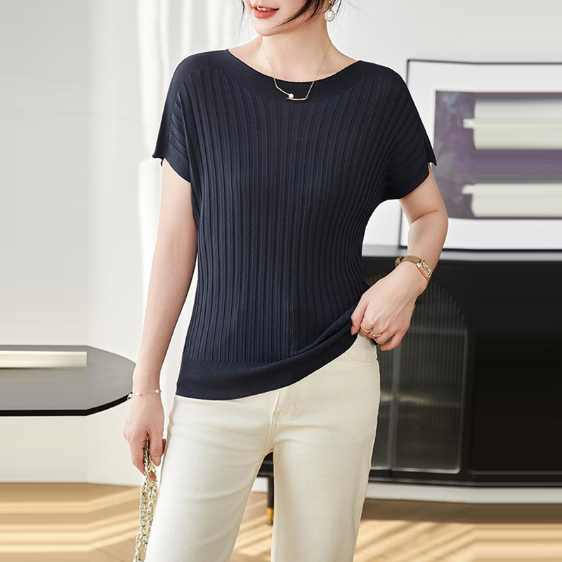 時尚修身百搭一字領針織短袖T恤(5)色