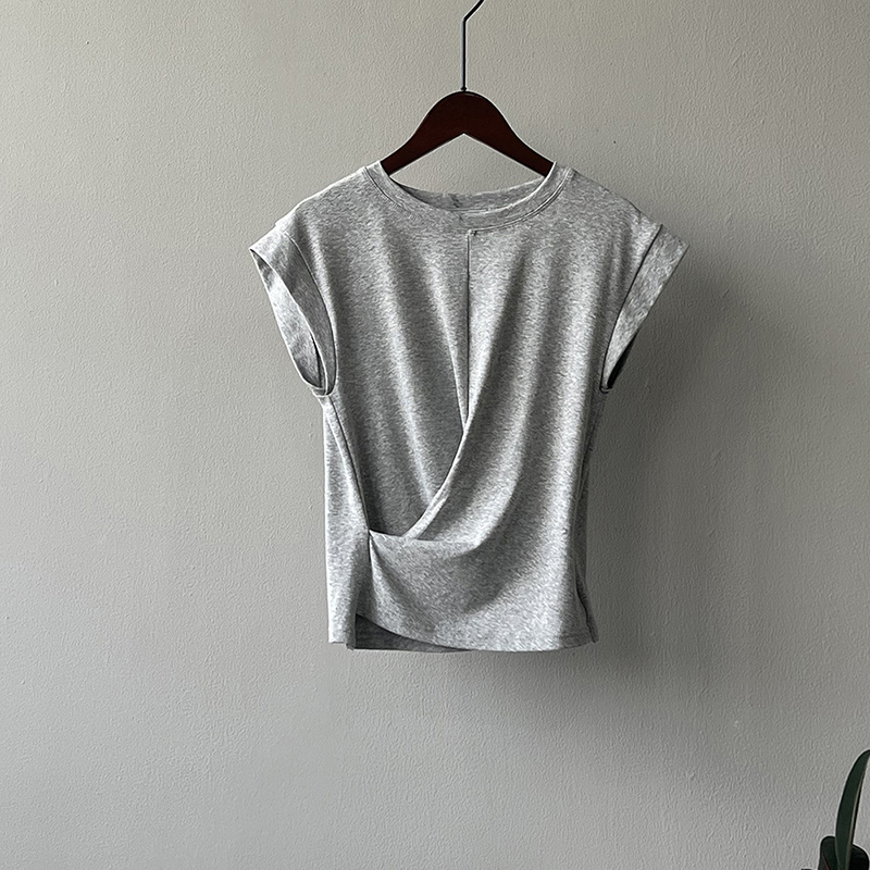 休閒純色小飛袖褶皺交叉不規則下擺T恤(3色)