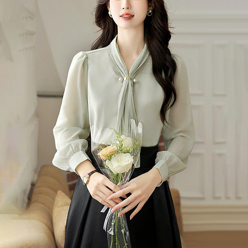 法式溫柔繫帶V領長袖襯衫