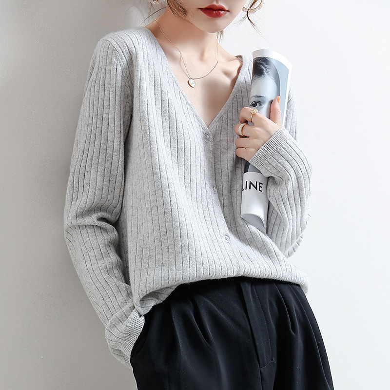 新款V領坑條長袖針織開襟衫(6色)