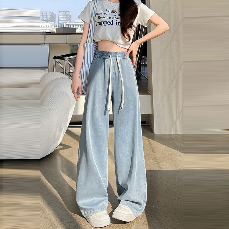 高腰寬腳顯瘦抽繩天絲牛仔褲