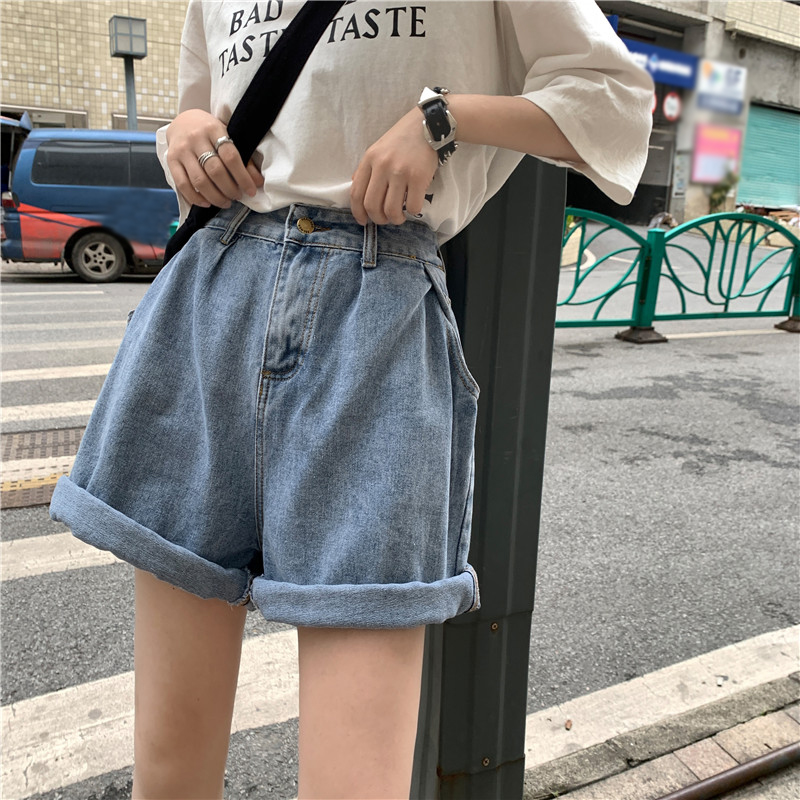 高腰薄款寬鬆闊腿五分牛仔短褲