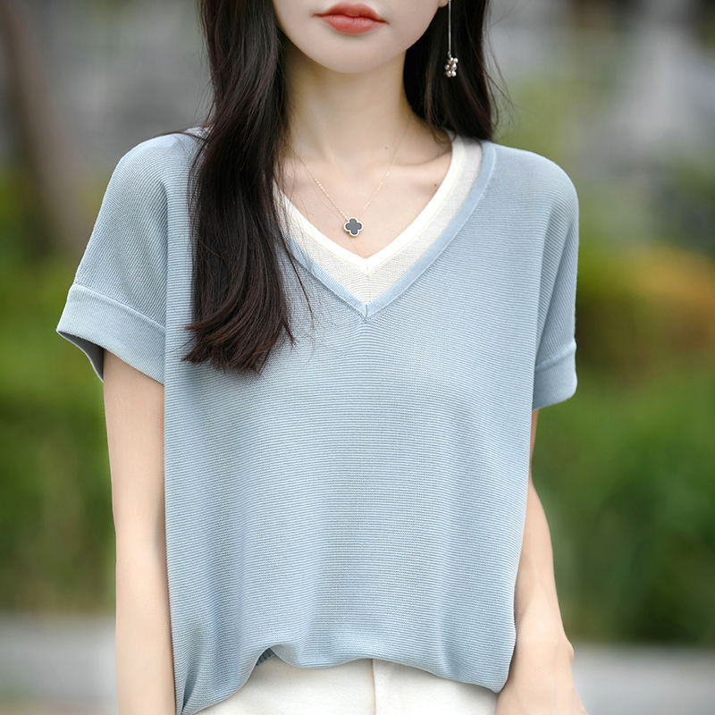 韓系假兩件V領寬鬆休閒拼色T恤(4色)