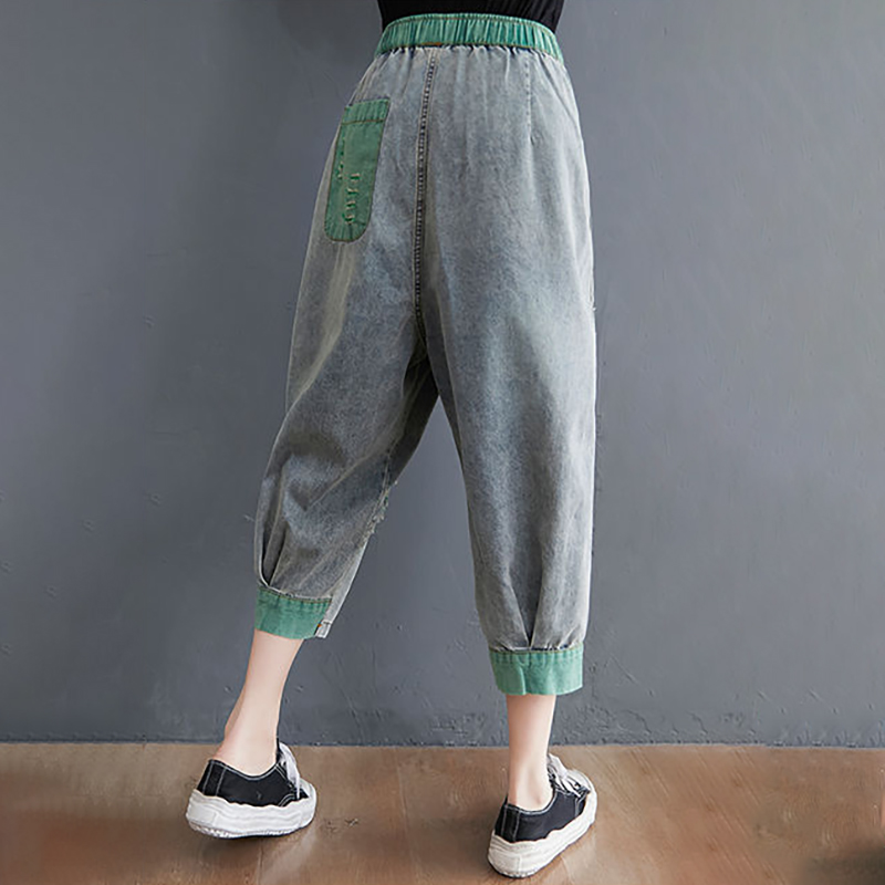 高腰寬鬆破洞撞色顯瘦七分牛仔褲(2色)