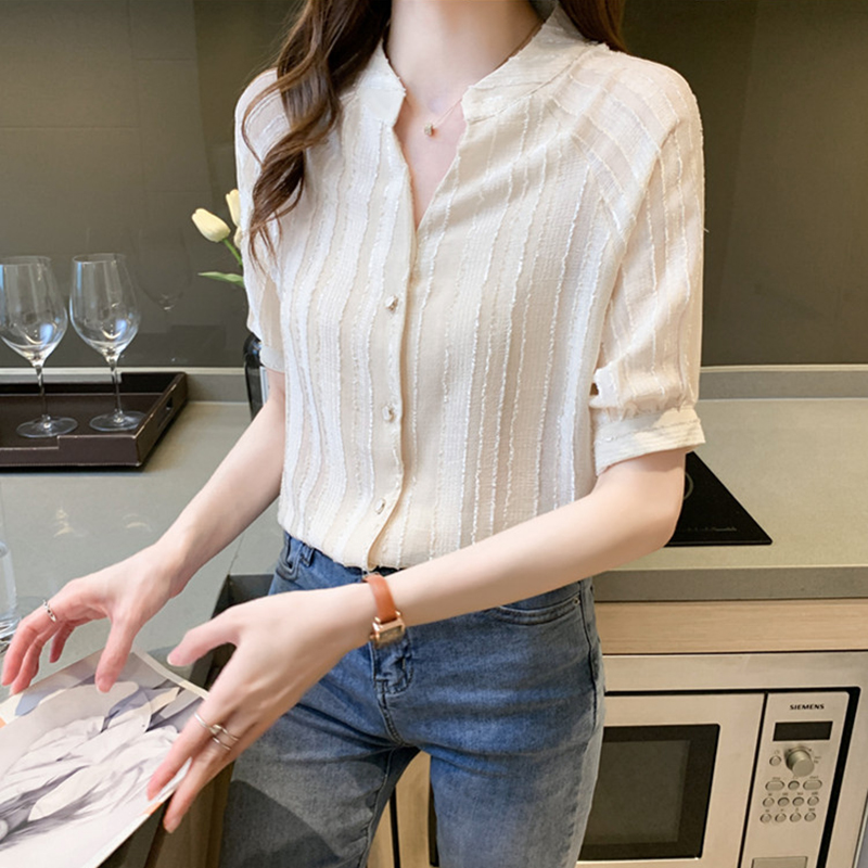 韓系肌理感V領短袖襯衫(2色)