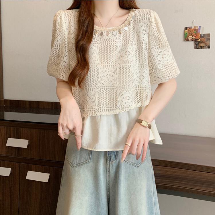 波西米亞風假兩件拼接鏤空短袖/無袖小衫