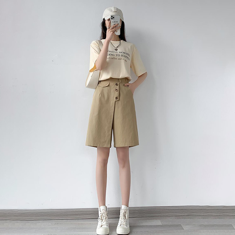 大碼高腰多扣洗水棉五分褲(2色)