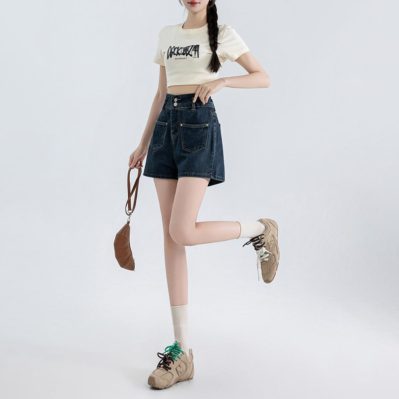 韓系高腰兩粒扣闊腿牛仔短褲
