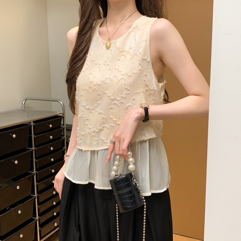 假兩件拼接鏤空設計坎肩無袖襯衫(3色)