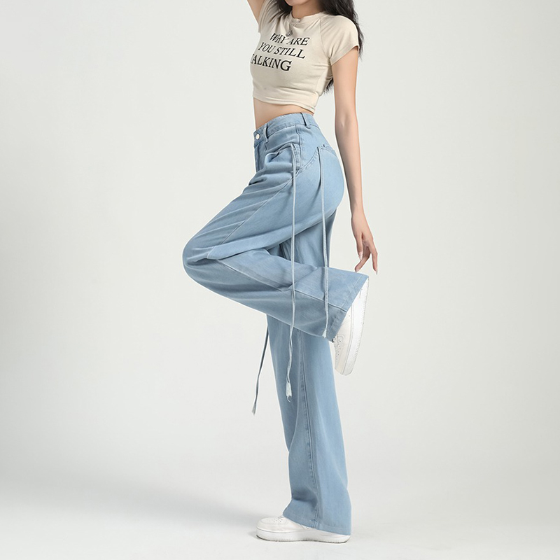 慵懶舒適高腰抽繩薄款牛仔褲