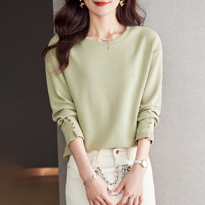 韓國休閒華夫格圓領長袖T恤